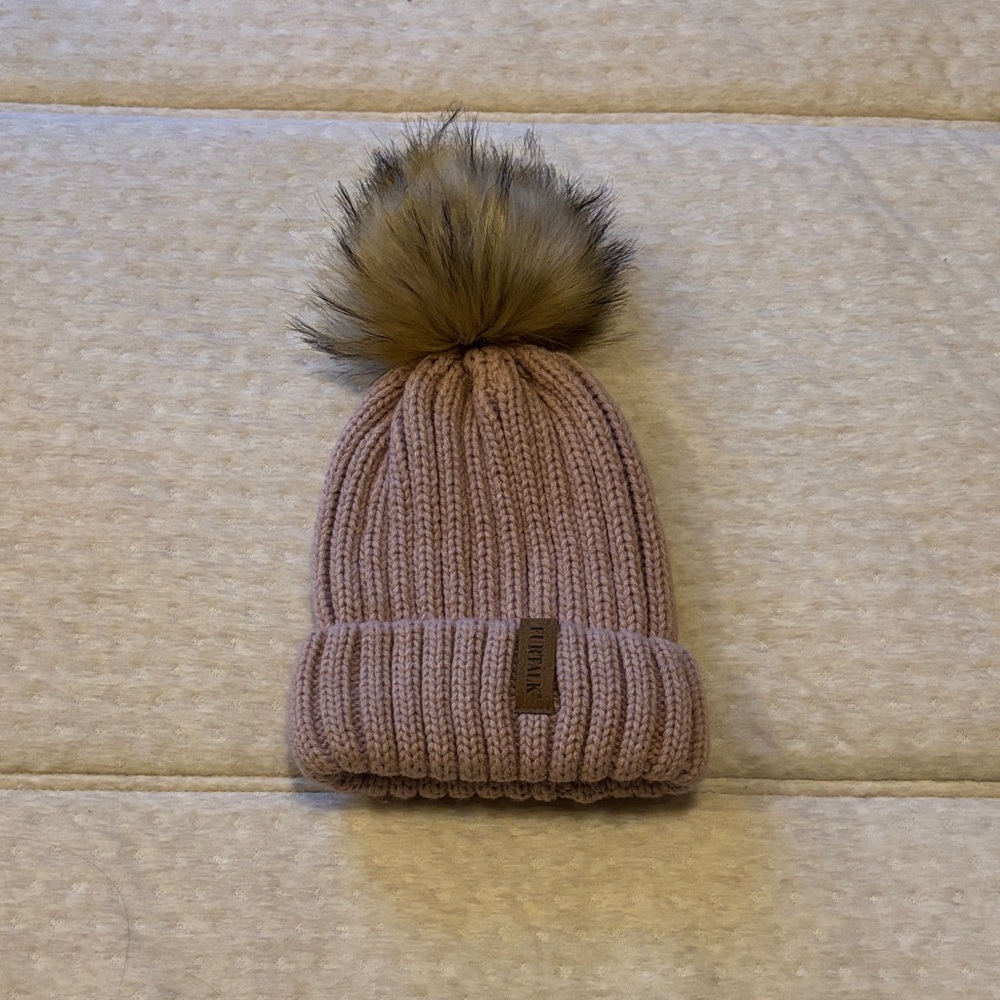 Toddler Cozy Pink Knit Beanie with Faux Fur Pom-Pom